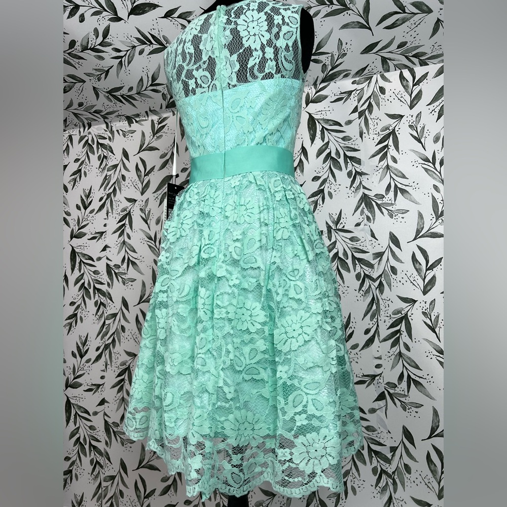 Elegant Lace Mint Green Prom Bridesmaid Cocktail Dress Sz XS Satin Waistband #D - Picture 13 of 16